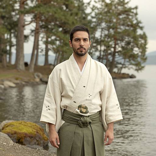Photograph of a bearded man with short dark hair, wearing a white hakama and green kimono, standing by a lakeside with trees in
