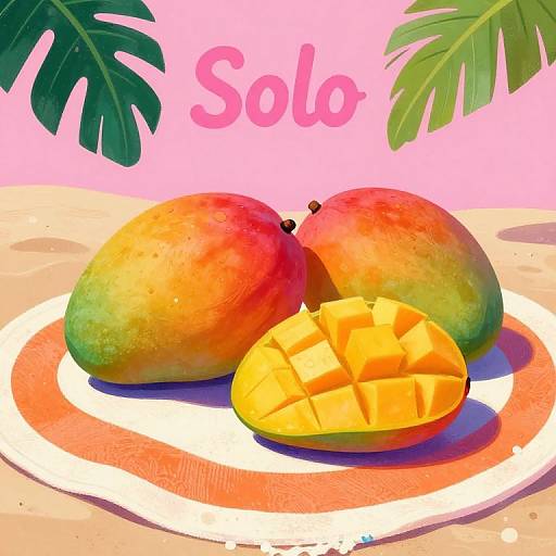 Digital illustration of three vibrant mangoes on a white plate with a red-orange ring, one mango sliced, surrounded by green leaves, pink background with 