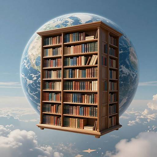 Photorealistic CGI of a floating wooden bookshelf filled with books, suspended in mid-air against a backdrop of a large, illuminated Earth and fluffy clouds