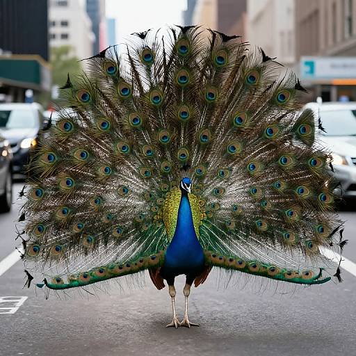 Photograph of a vibrant peacock with a fully fanned-out tail displaying iridescent blue, green, and brown eyespots, standing on
