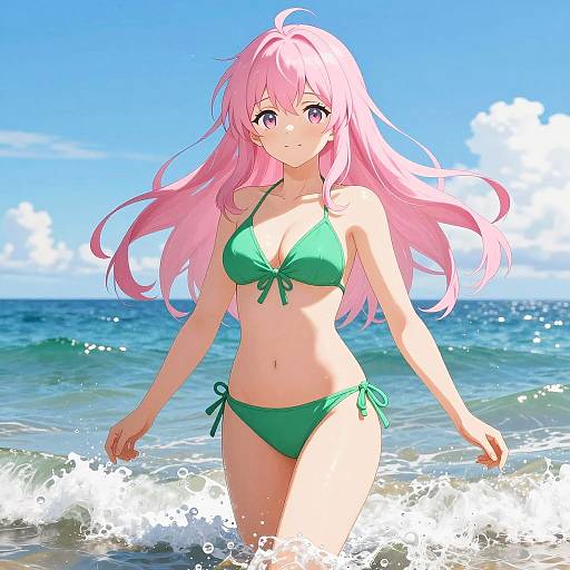 Anime Woman in Vibrant Beach Scene