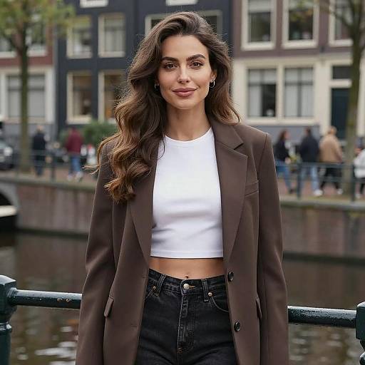 Photograph of a smiling woman with long, wavy brown hair, wearing a brown blazer over a white crop top and high-waisted black