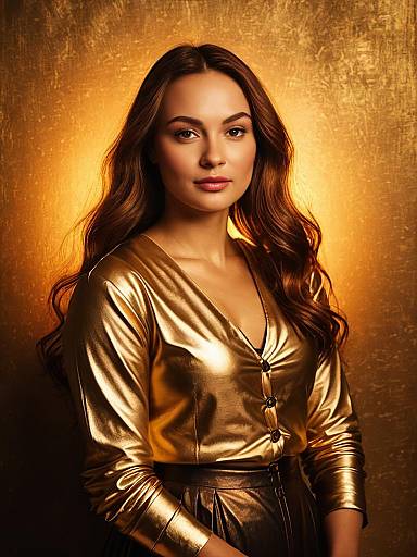 Woman in Gold Metallic Outfit Against Gold Background
