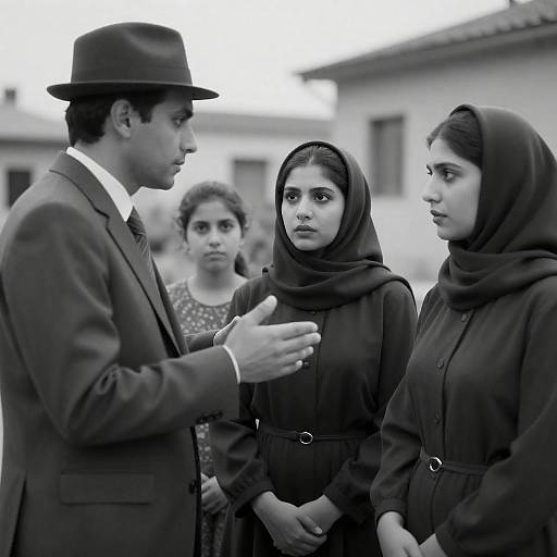 Black and White Photo of Man Talking to Women in Headscarves