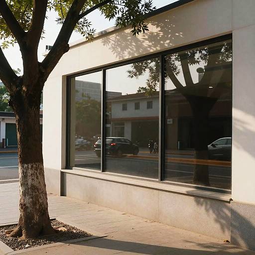 Tree Reflection in Building Window on City Street