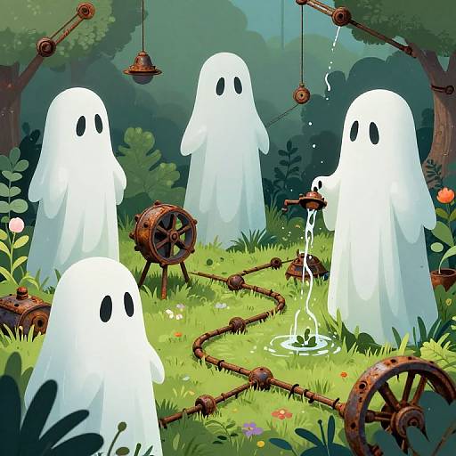 Digital illustration of four white ghost-like figures with black eyes in a lush, steampunk forest, interacting with rusty pipes and gears, with water flowing