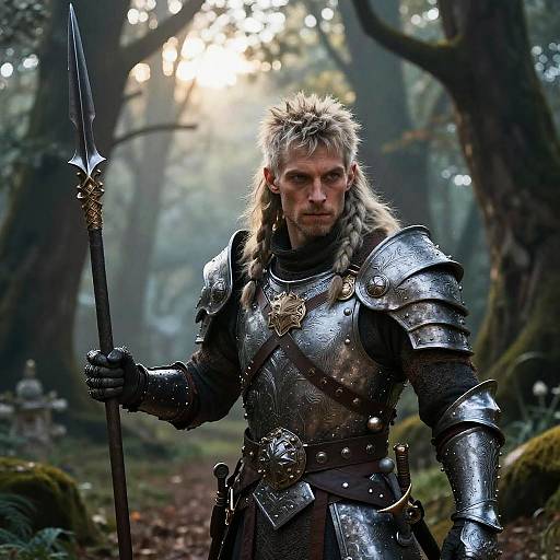 Photograph-style CGI of a blonde, bearded warrior with braided hair, wearing shiny silver armor and holding a spear, standing in a misty