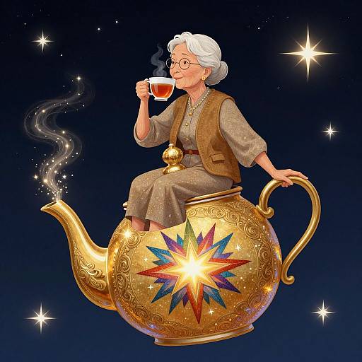 Illustration: Elderly woman with white hair, glasses, and brown vest, sipping tea from a glowing, star-patterned golden teapot,