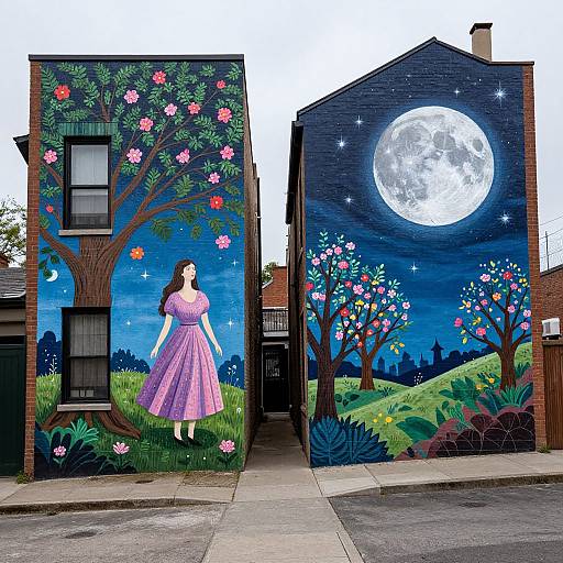 Vibrant mural on two adjacent brick houses: left features pink-dressed girl under flower tree, right shows full moon over blossoming trees. Street