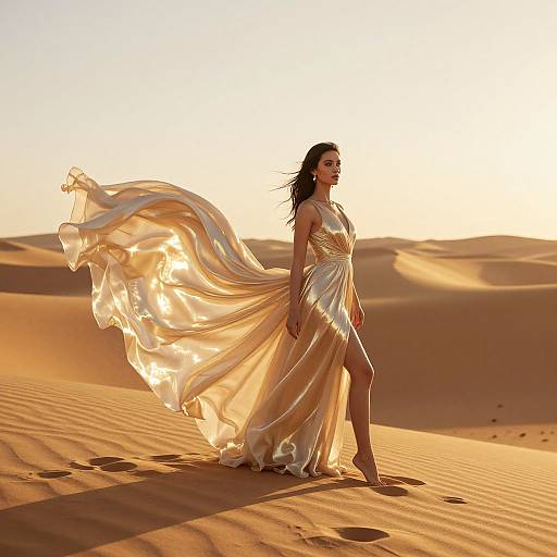 Photograph of a woman with long dark hair in a flowing, golden, gauzy dress walking in a sunlit desert, sand dunes in