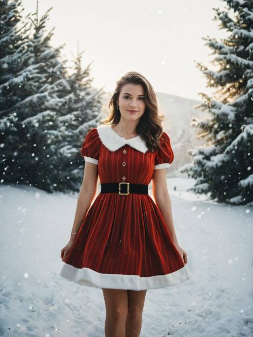 Woman in Festive Christmas Dress in Snowy Forest