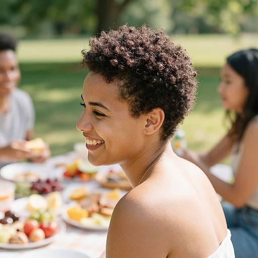 Photograph of a smiling Black woman with curly hair, bare shoulders, seated outdoors at a picnic with blurred background and friends.