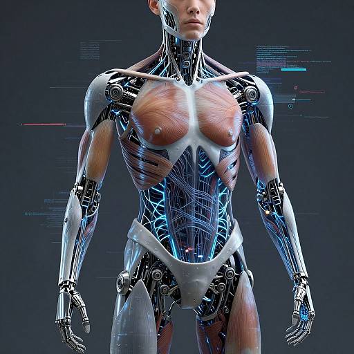 Digital CGI image of a female humanoid robot with exposed muscular structure, glowing blue circuitry, and metallic joints, standing against a dark, tech-themed background