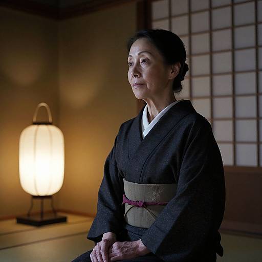 Photograph of an older East Asian woman in a black kimono with a brown obi, sitting in a dimly lit traditional Japanese room, illuminated