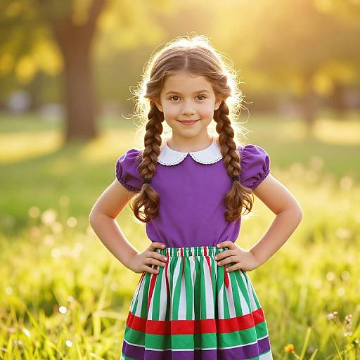 Photograph of a young girl with long brown braids, wearing a purple dress with a white collar, and green, white, red striped skirt,