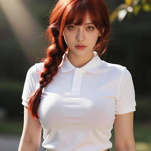 Photograph of an Asian woman with long, red braided hair, wearing a white short-sleeved polo shirt, standing outdoors in sunlight.