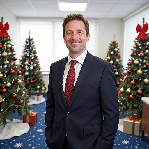 Photograph of a smiling man in a dark suit, red tie, and white shirt standing in a festive office with decorated Christmas trees and wrapped gifts.