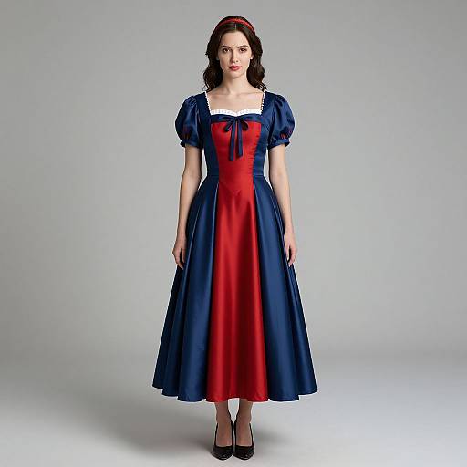 Photograph of a fair-skinned woman with curly brown hair, wearing a blue and red Disney Snow White dress, white square neckline, puffed sleeves