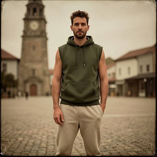 Photograph of a muscular, bearded man with short brown hair, wearing a green sleeveless hoodie and beige pants, standing in a cobblestone