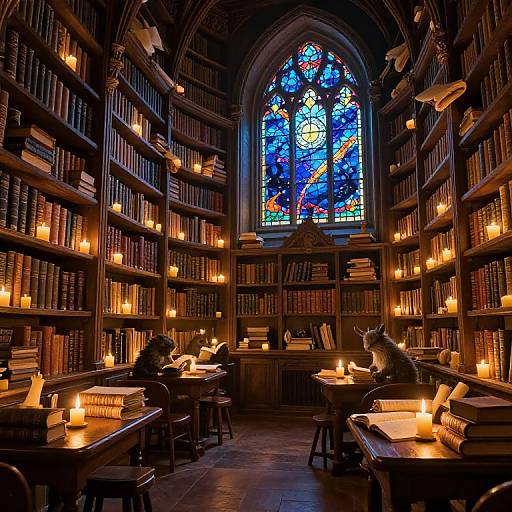 Photograph of a dimly lit, Gothic-style library with tall wooden bookshelves, lit candles, stained glass window, and two people reading at