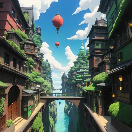 Fantasy Cityscape with Red Lanterns and Lush Greenery