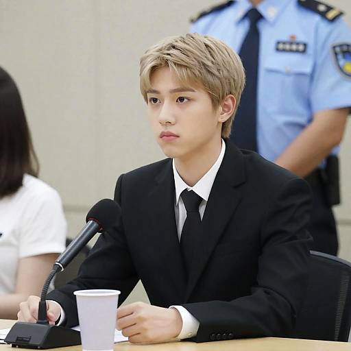 Young Man in Suit at Meeting with Microphone