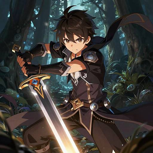Anime-style digital artwork of a dark-haired, determined young man in a black cloak wielding a glowing sword in a mystical forest.