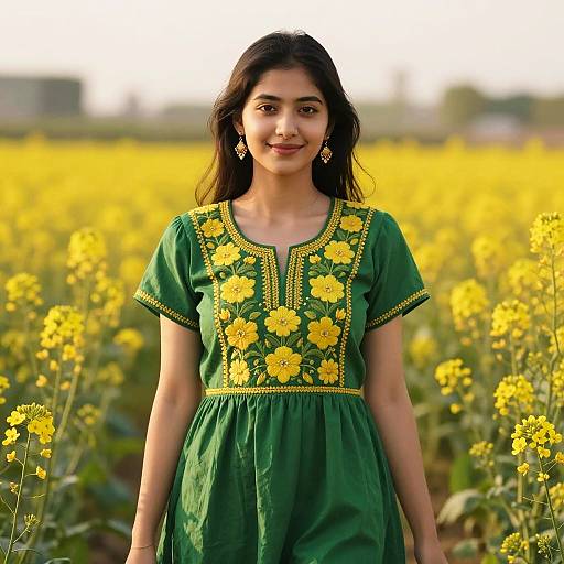 Young woman in green embroidered dress in yellow flower field