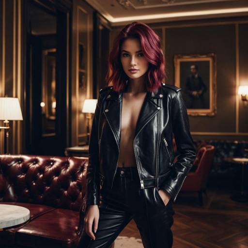 Fashion Model in Leather Jacket with Burgundy Hair