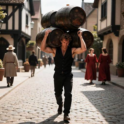 Muscular Man on Cobblestone Street