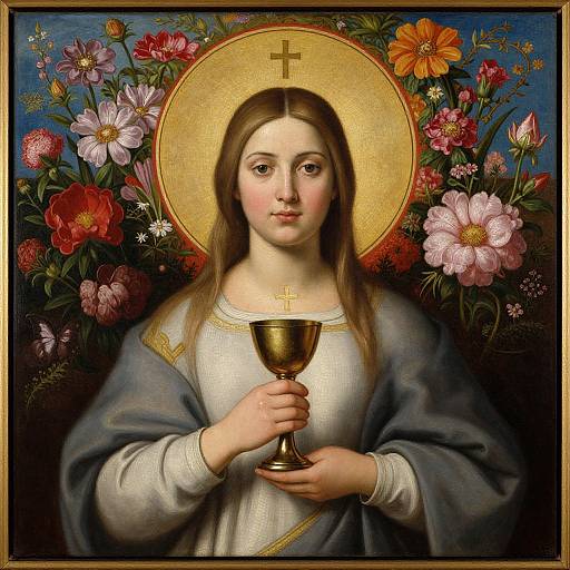Digital painting of a serene Mary holding a golden chalice, with a gold halo and surrounded by vibrant flowers, wearing a blue and white robe.