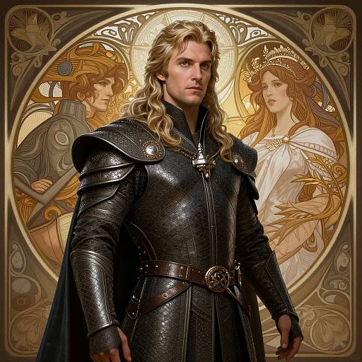 Digital artwork of a blonde, muscular man in black, shiny medieval armor, flanked by two ethereal, golden-haired figures in ornate robes.