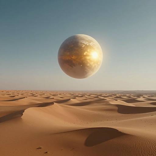 CGI image of a large, sunlit, cloud-covered planet hovering above a vast, sandy desert with rippled dunes under a clear blue sky