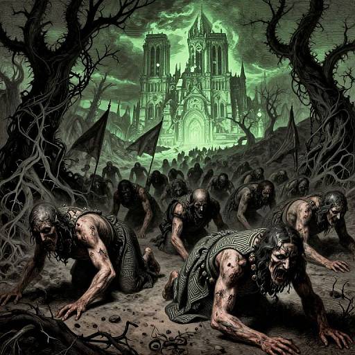 Dark, detailed comic-style illustration of zombie-like creatures crawling towards a glowing, ominous Gothic cathedral under a stormy green sky.