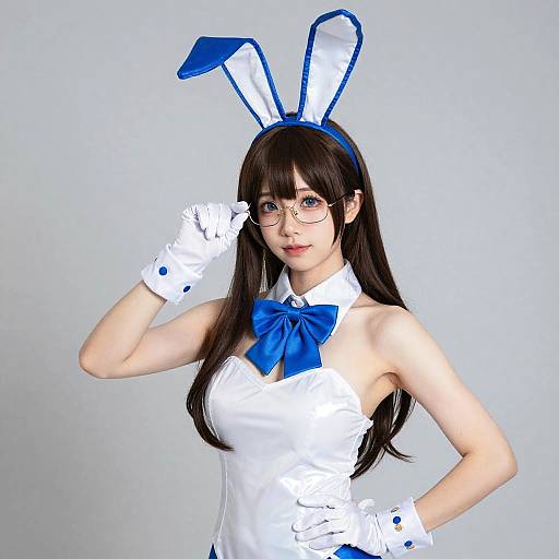 Photograph of an Asian woman with long black hair, wearing a white bunny costume with blue accents, glasses, and adjusting her headband.
