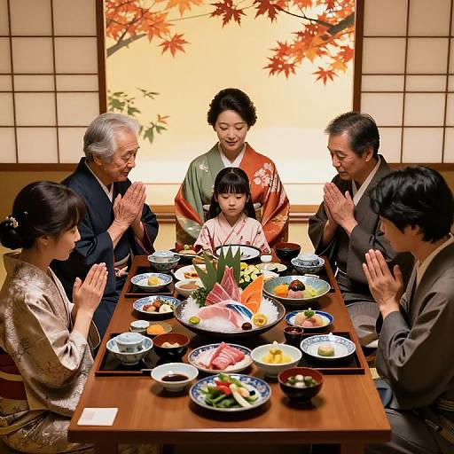 Photograph of a traditional Japanese family meal; six people, three men, three women, seated around a wooden table with colorful kaiseki dishes,