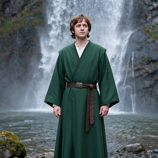 Young man in green robe with brown belt stands before a waterfall, surrounded by rocky terrain and moss. Photograph.