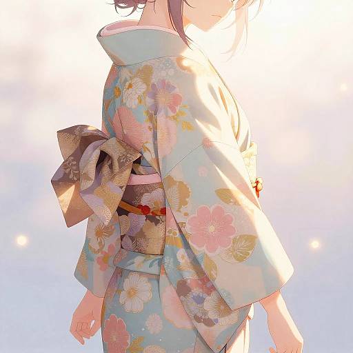 Anime-style digital illustration of a woman in a pastel blue floral kimono with a large brown obi, backlit by sunlight.