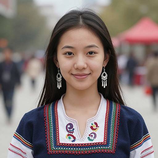 Photograph of an Asian woman with long black hair, wearing a traditional embroidered black dress, white lace collar, and silver earrings, smiling against a blurred