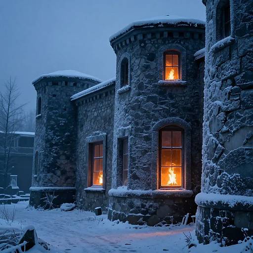 Photograph of a snow-covered, stone house at dusk with glowing orange windows, showing warm light against a cold, blue winter sky.