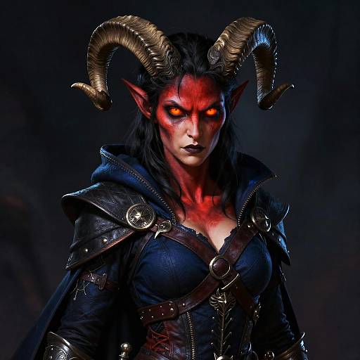Digital fantasy artwork of a demonic woman with glowing red eyes, black skin, large curved horns, and dark armor, against a dark background.