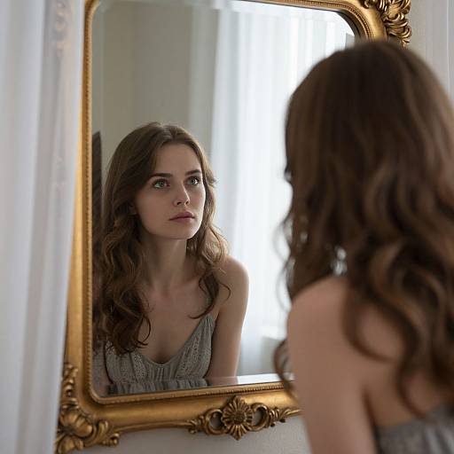 Photograph of a young woman with long brown hair, wearing a grey dress, gazing thoughtfully at her reflection in an ornate gold-framed