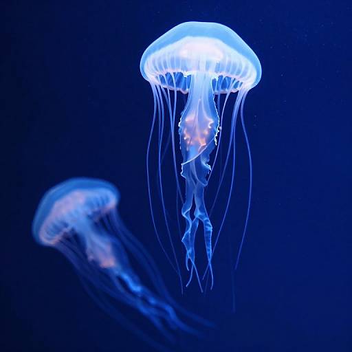 Photograph of two glowing blue jellyfish with translucent, flowing tentacles against a dark blue background, highlighting their ethereal, luminescent appearance.