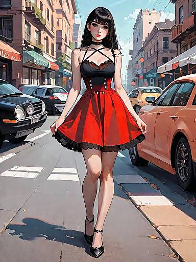 Digital art: Gothic woman with black hair, red and black dress, black lace trim, strappy heels, walking on sunny city street.