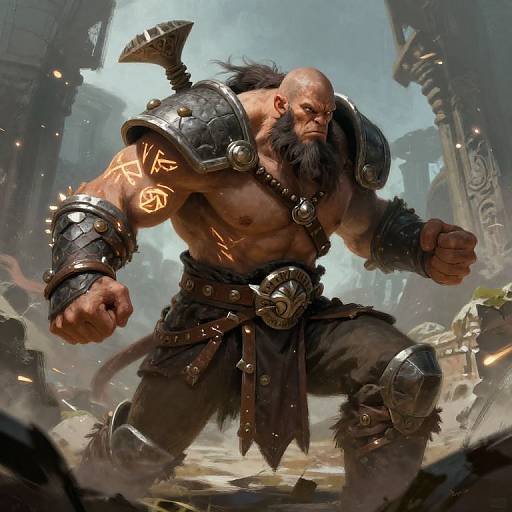 Digital artwork of a muscular, bald, bearded barbarian warrior with glowing tattoos, wearing dark leather and metal armor, in a ruined, smoky