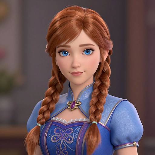 Digital 3D rendering of a cute, fair-skinned, blue-eyed, red-haired girl with braids, wearing a blue, intricately pattern