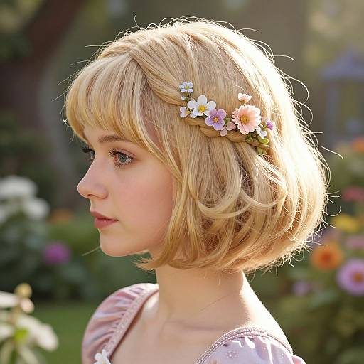 Photograph of a young blonde woman with a short bob haircut, wearing a floral headband, pink dress, and soft makeup, in a sunlit
