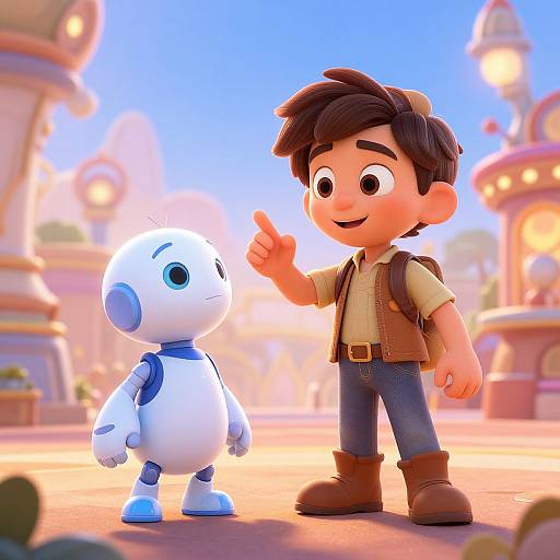 Young Inventor and AI in Futuristic Disney Park
