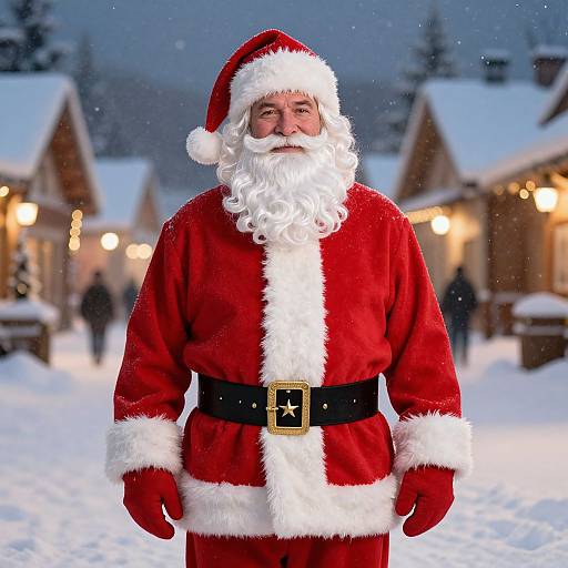 Photograph of a jovial Santa Claus with a white beard, red suit, and black belt, standing in a snowy village at night, with illuminated