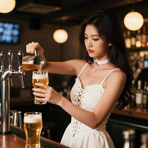 Photograph of an Asian woman with long black hair, wearing a white lace dress and choker, pouring beer at a dimly-lit bar.